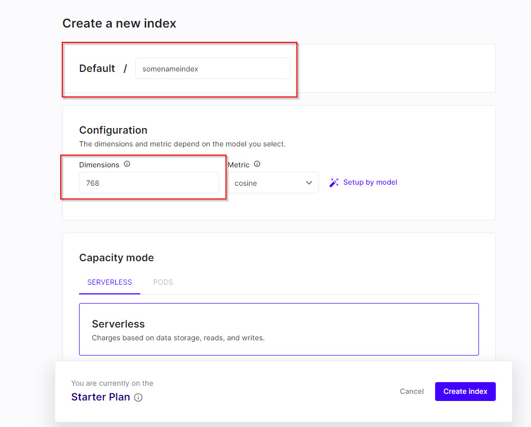 The image shows the Create a new index page in Pinecone.