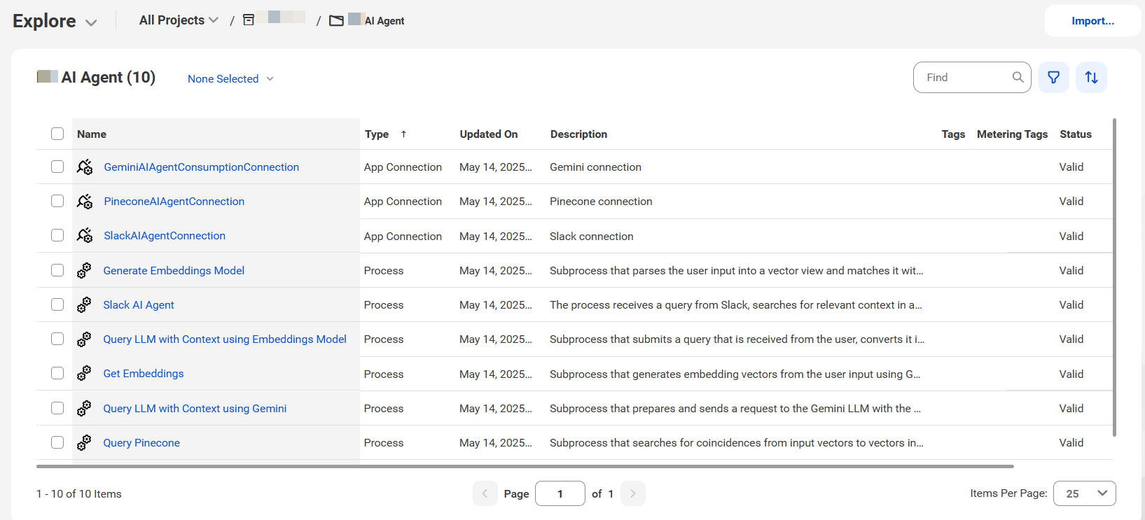 The image shows the assets that the Simple RAG Consumption with Slack AI Agent recipe package contains.