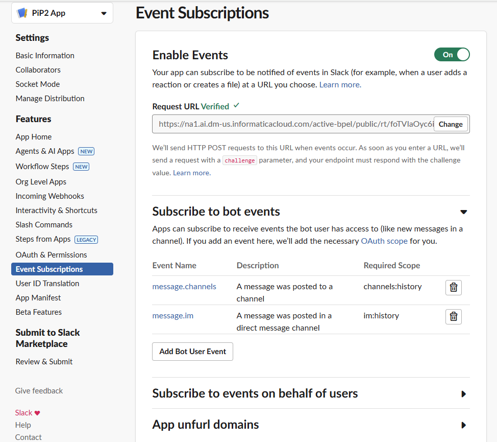 The image shows the Event Subscriptions page where you can add bot events.