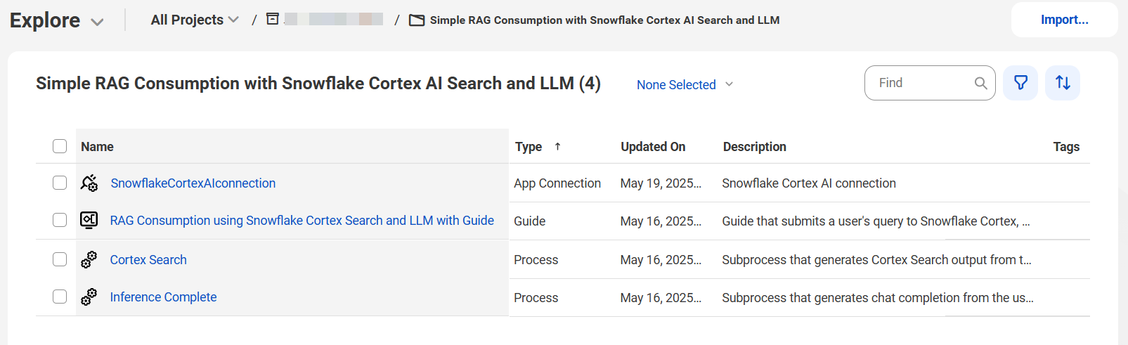 The image shows the assets that the Simple RAG Consumption with Snowflake Cortex AI Search and LLM recipe package contains. The image shows the assets that the Simple RAG Consumption with Snowflake Cortex AI Search and LLM recipe package contains.