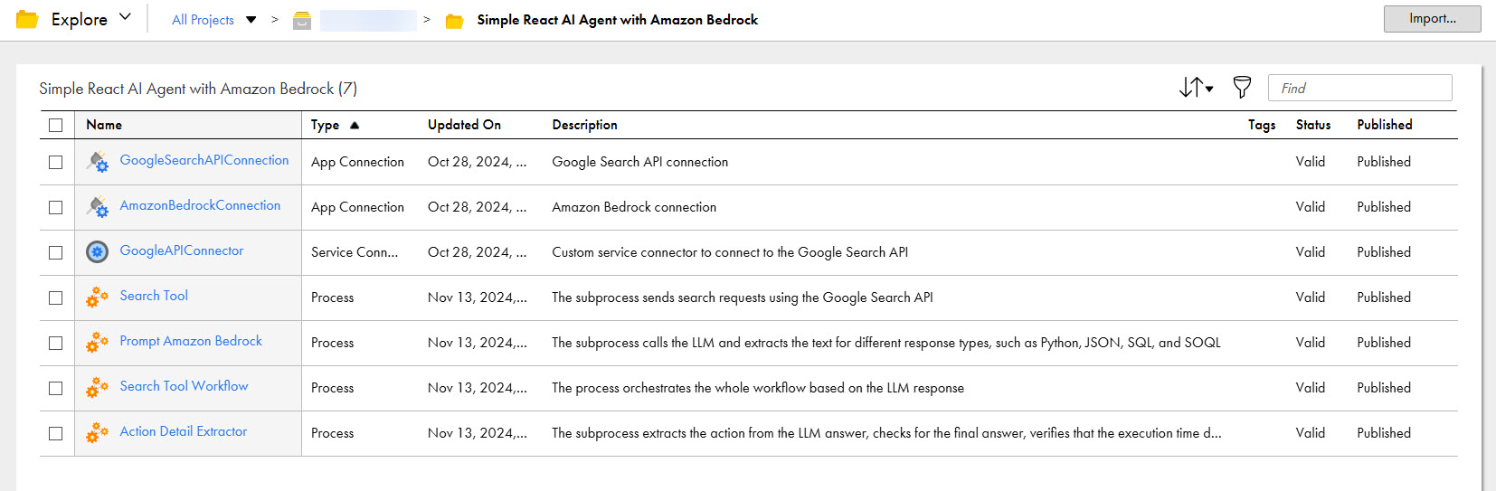 The image shows the assets that the Simple React AI Agent with Amazon Bedrock recipe package contains.