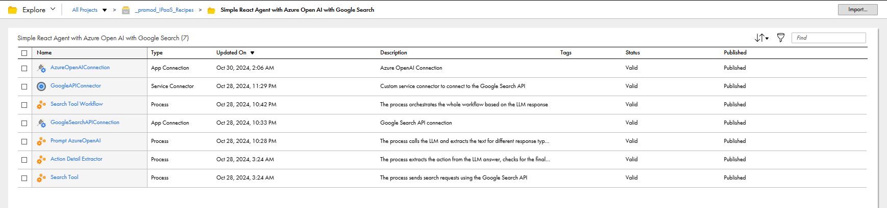 The Simple React AI Agent with Azure OpenAI recipe contents, which include the AzureOpenAI and GoogleSearchAPIconnection app connections, the GoogleAPIConnector service connector, and four processes.