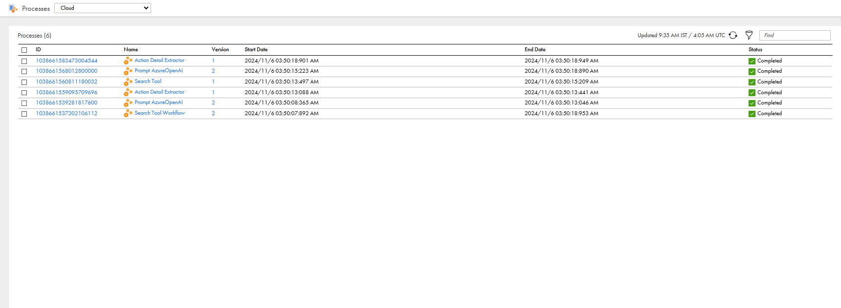 A completed process in Application Integration Console. The process includes the Action Detail Extractor, Prompt AzureOpenAI, Search Tool, Action Detail Extractor, and Search Tool Workflow.