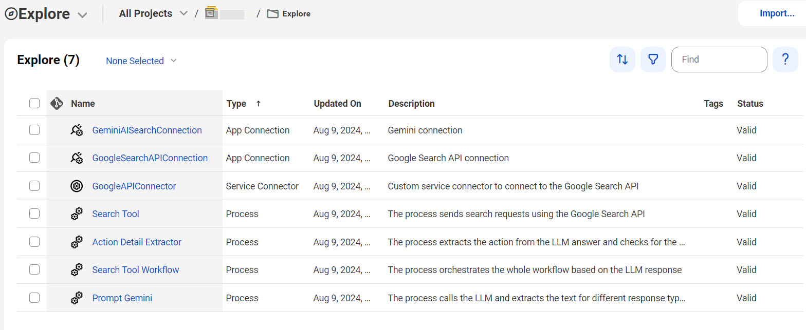 The image shows the assets that the Simple React AI Agent with Search Tools recipe package contains.