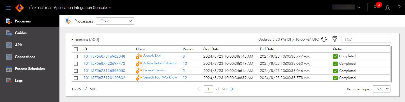 The image shows a successful process execution in Application Integration Console.