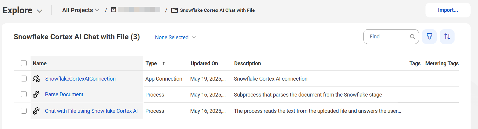 The image shows the assets that the Snowflake Cortex AI Chat with File recipe package contains.