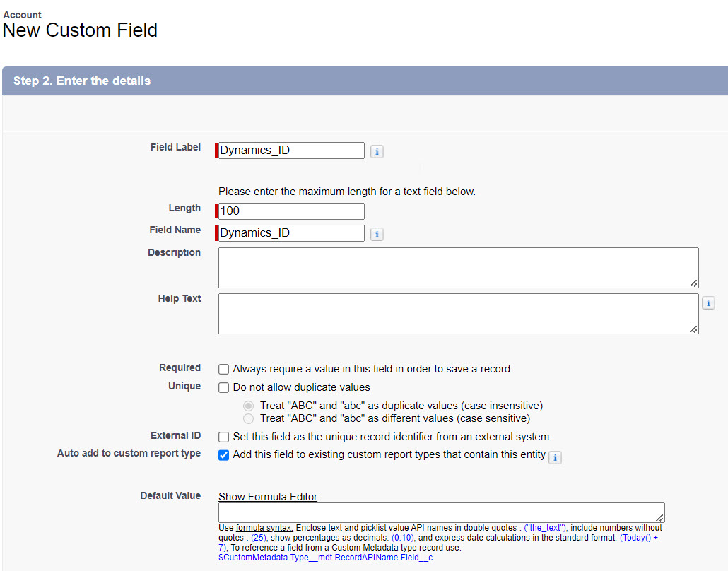 The image shows the New Custom Field page.