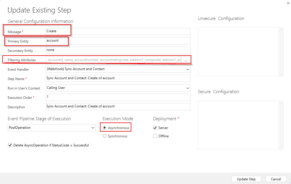 The image shows the Update Existing Step page.