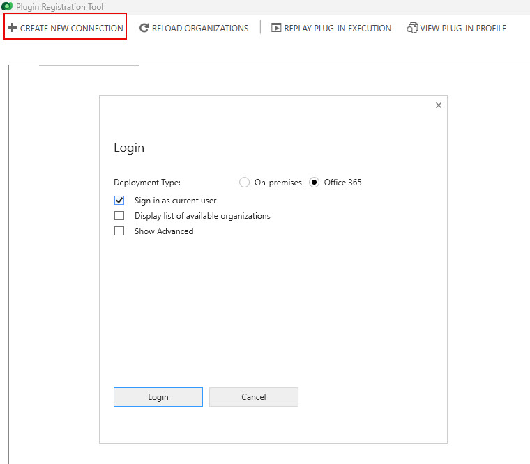 The image shows the CREATE NEW CONNECTION button on the Plugin Registration Tool page.