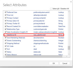 The image shows the Salesforce ID custom field attribute in the Select Attributes dialog box.