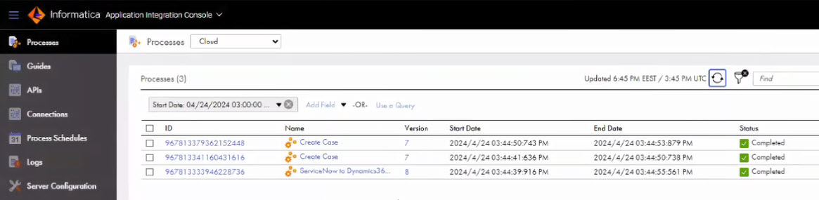 The image shows a successful process execution in Application Integration Console.