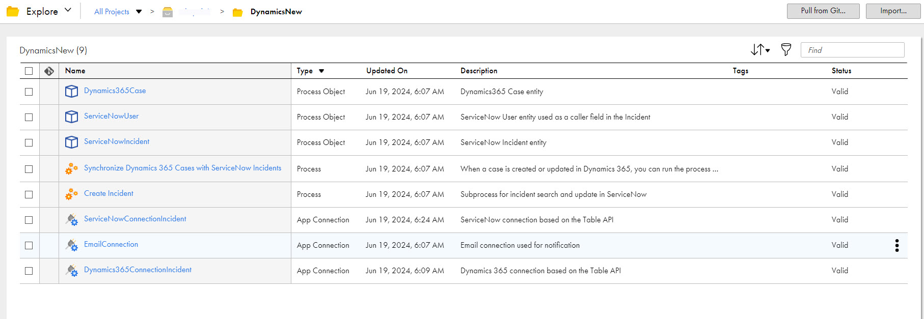 The image shows the assets that the Synchronize Dynamics 365 Cases with ServiceNow Incidents recipe package contains.