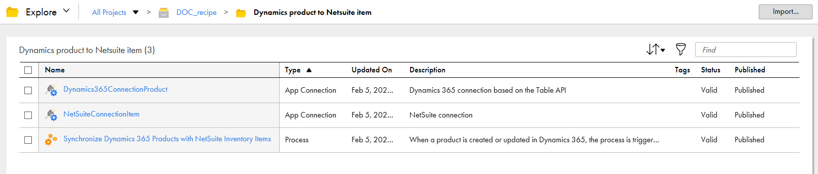The image shows the assets that the Synchronize Dynamics 365 Products with NetSuite Inventory Items recipe package contains.
