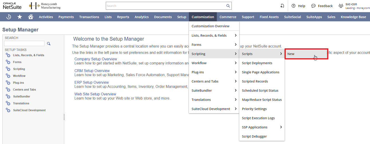 Go to Customization to create a new script in NetSuite.