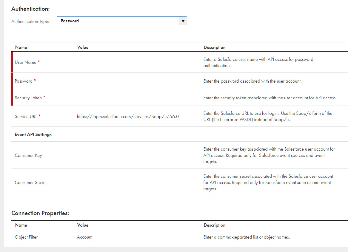 The image shows the SalesforceConnectionAccount connection detail page with the authentication type set to Password.