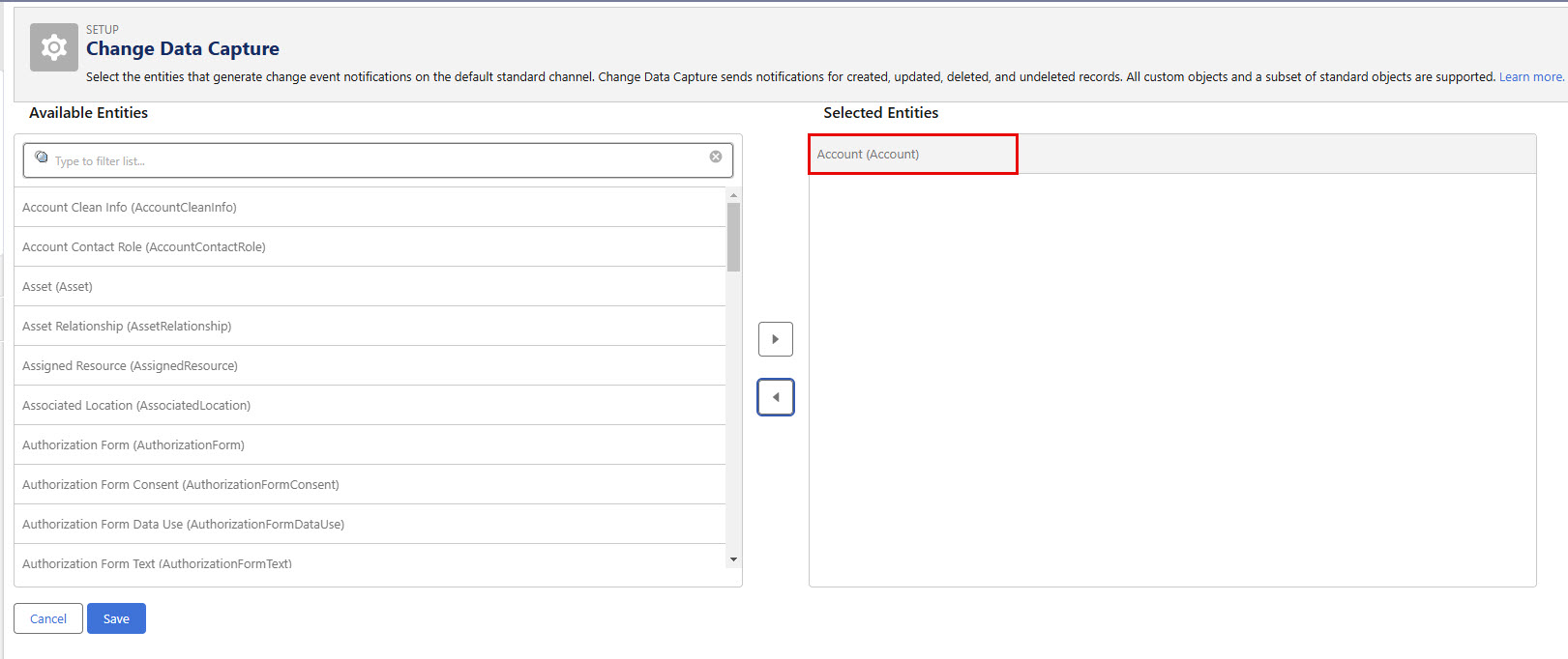 The image shows the Change Data Capture page.