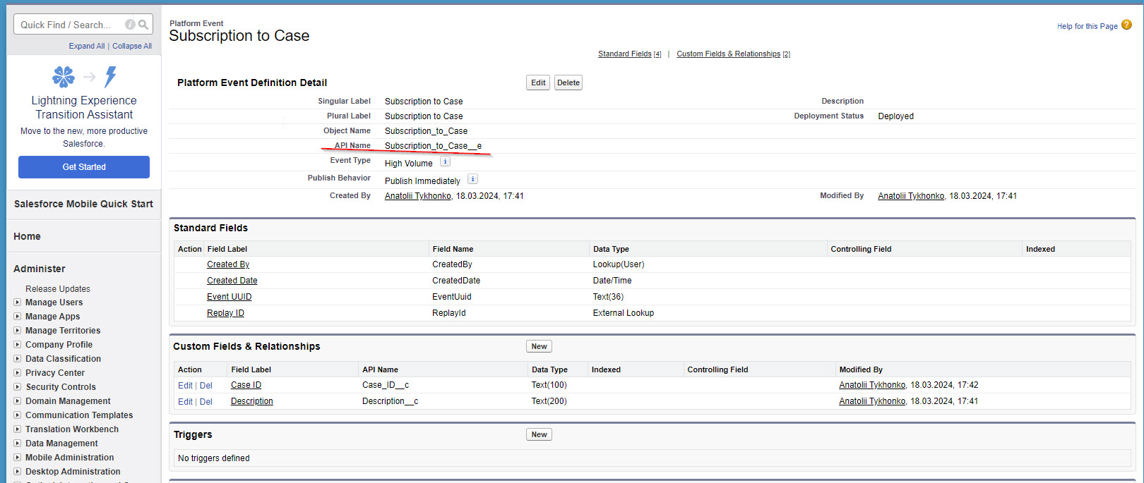 The image shows the API name of the Salesforce platform event.