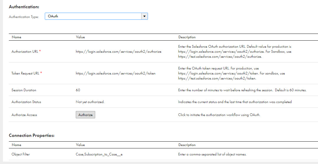 The image shows the SalesforceConnectionCase connection detail page with the authentication type set to OAuth.