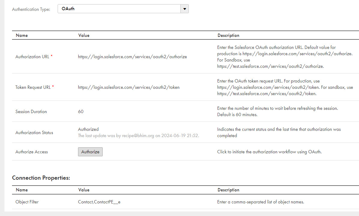 The image shows the SalesforceConnectionContact connection detail page with the authentication type set to OAuth.