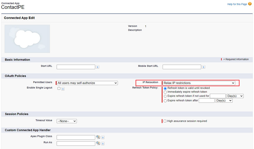 The image shows the IP Relaxation field in the Connected App Edit page.