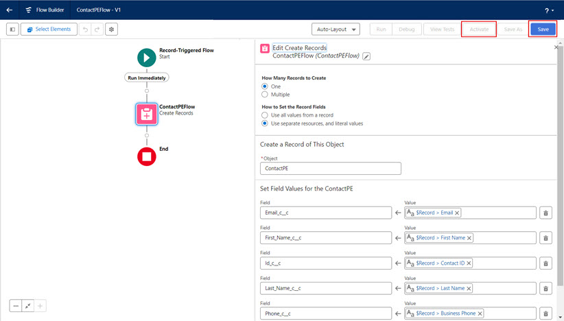 The image shows the Set Field Values for the ContactPE field where you can map the fields in the Salesforce platform event using the {!$Record} in the Value field.