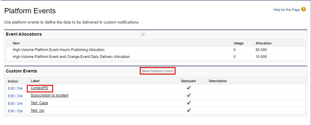 The image shows the New Platform Event button and the platform event name on the Platform Events page.