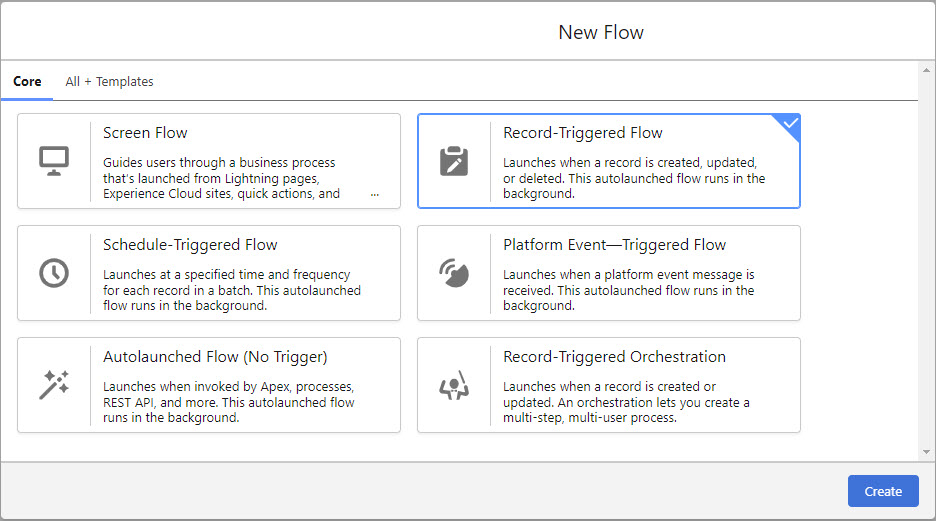 The image shows the Record-Triggered Flow option on the New Flow dialog box.