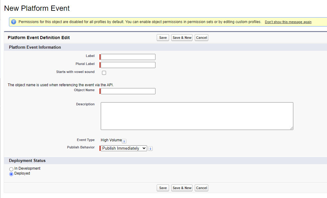 The image shows the Platform Event Information section to enter the values in the Label, Plural Label, Object Name, and Publish Behavior fields.