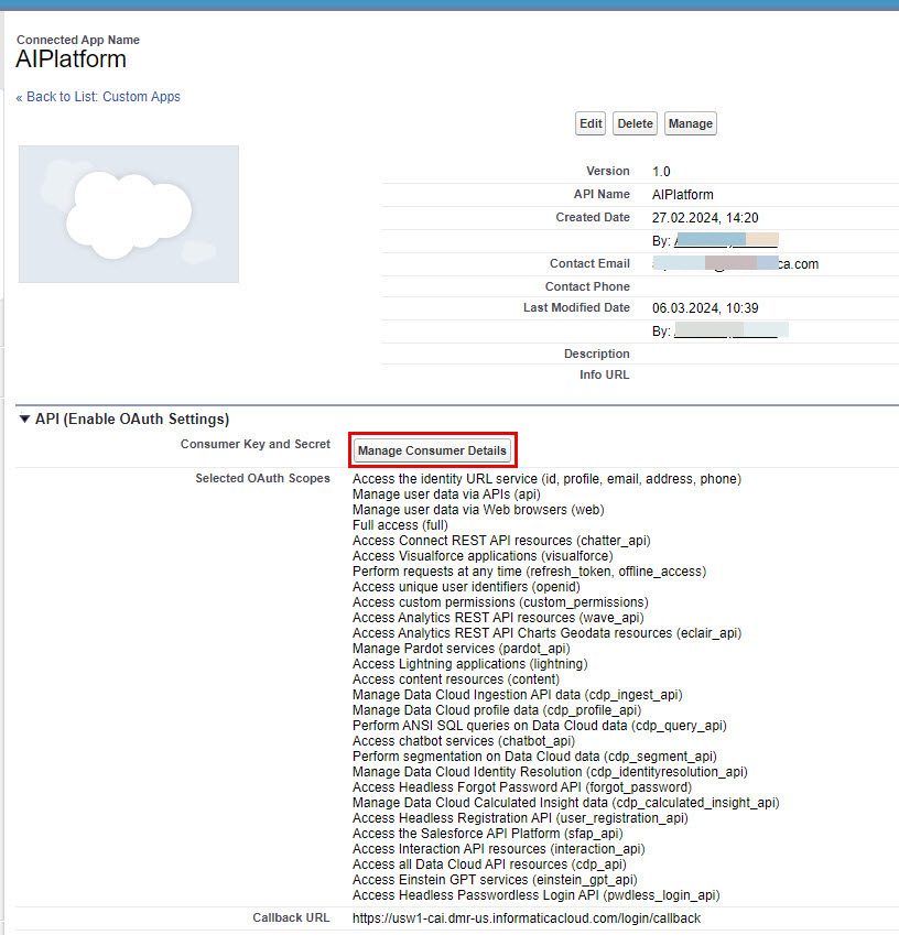 The image shows the Manage Consumer Details button in the API (Enable OAuth Settings) section.