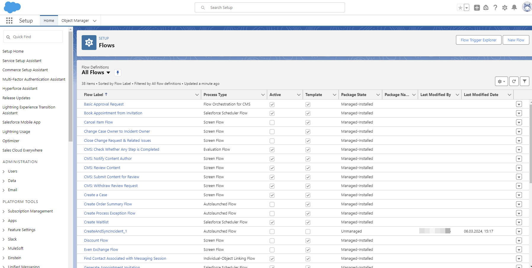 The image shows the list of flows on the Flows page.