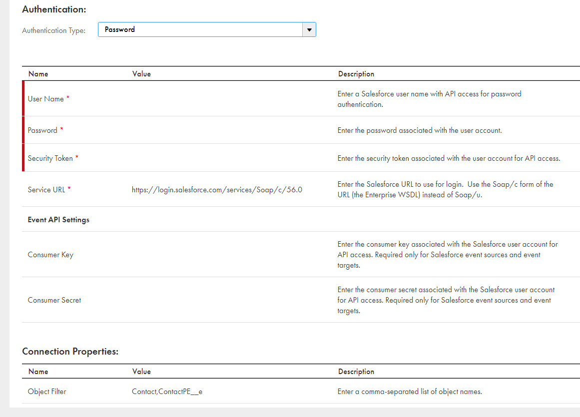 The image shows the SalesforceConnectionContact connection detail page with the authentication type set to Password.