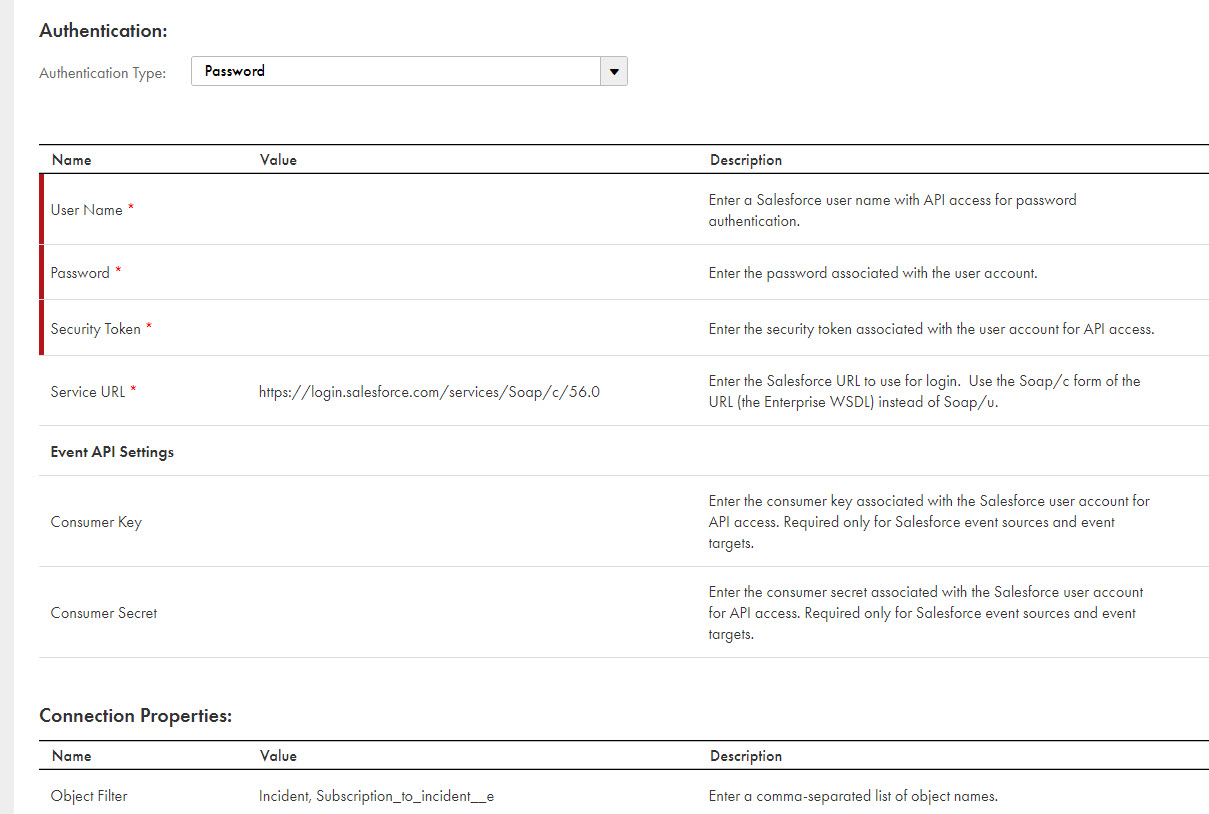 The image shows the SalesforceConnectionIncident connection detail page with the authentication type set to Password.