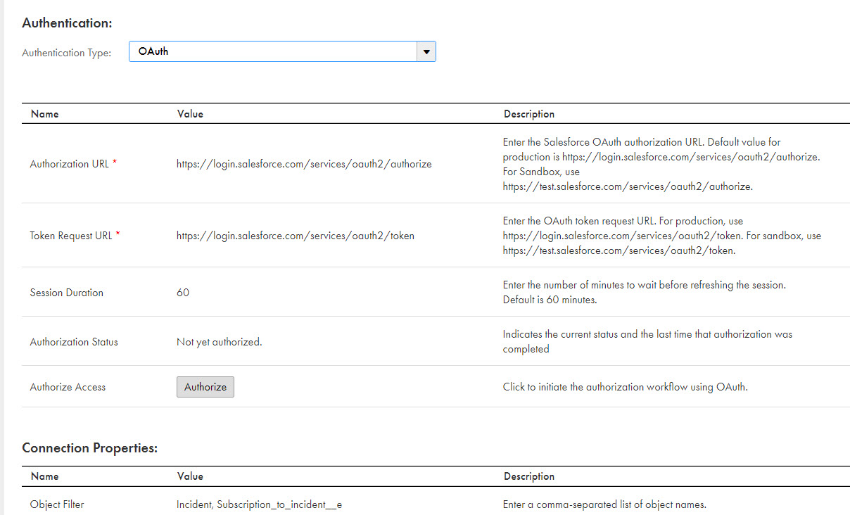 The image shows the SalesforceConnectionIncident connection detail page with the authentication type set to OAuth.