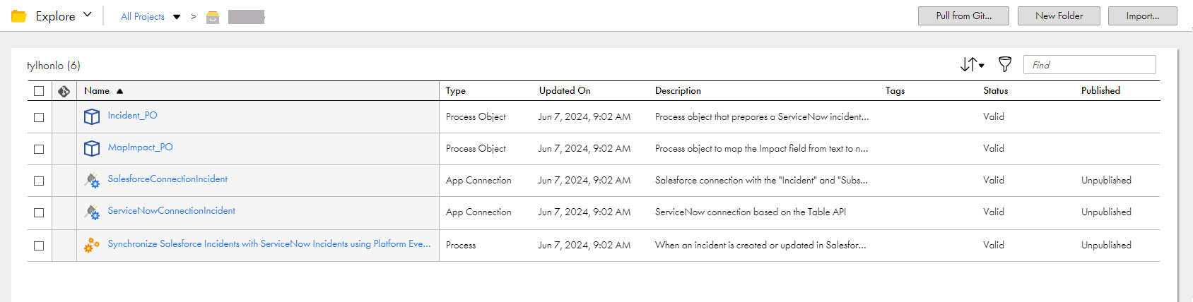 The image shows the assets that the Synchronize Salesforce Incidents with ServiceNow Incidents recipe package contains.