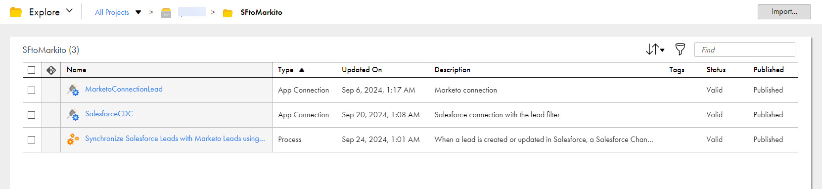 The image shows the assets that the Synchronize Salesforce Leads with Marketo Leads recipe package contains.