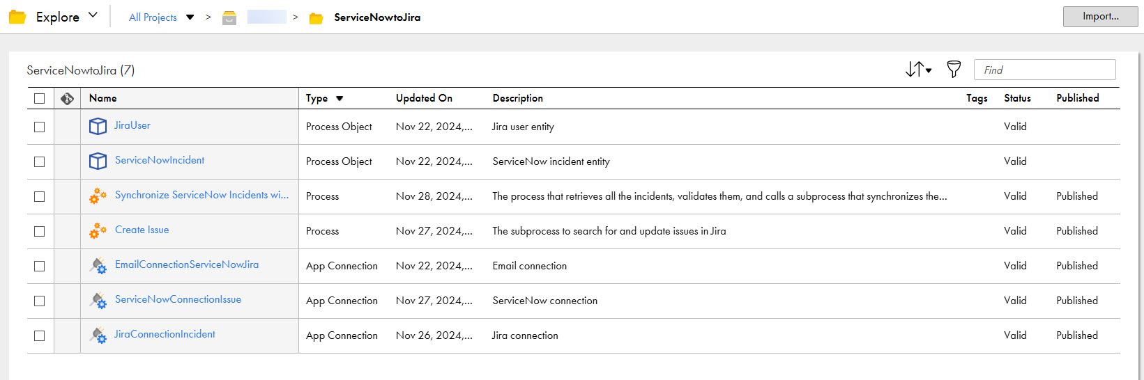 The image shows the assets that the Synchronize ServiceNow Incidents with Jira Issues recipe package contains. The image shows the assets that the Synchronize ServiceNow Incidents with Jira Issues recipe package contains.