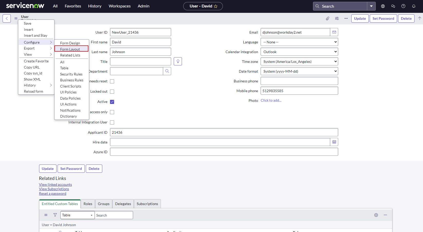 The image shows the Form Layout option on the User page.