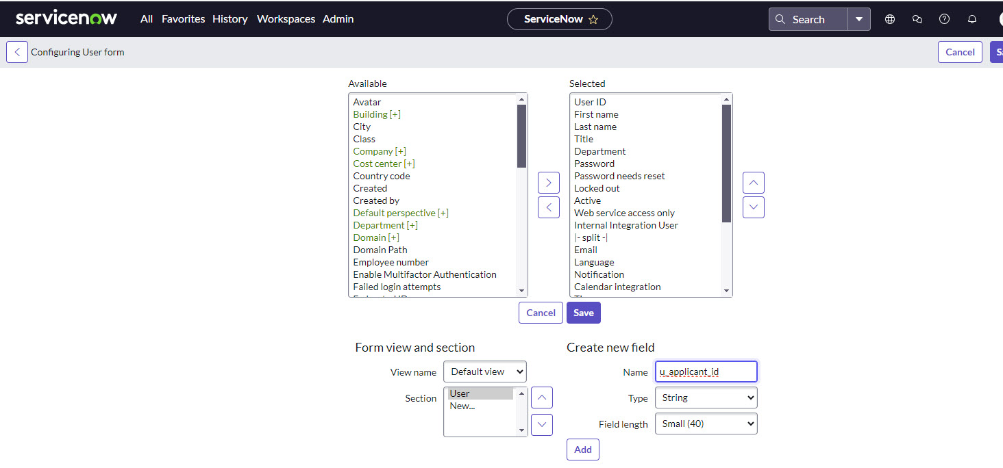 The image shows the Create new field section on the Configuring User form page.