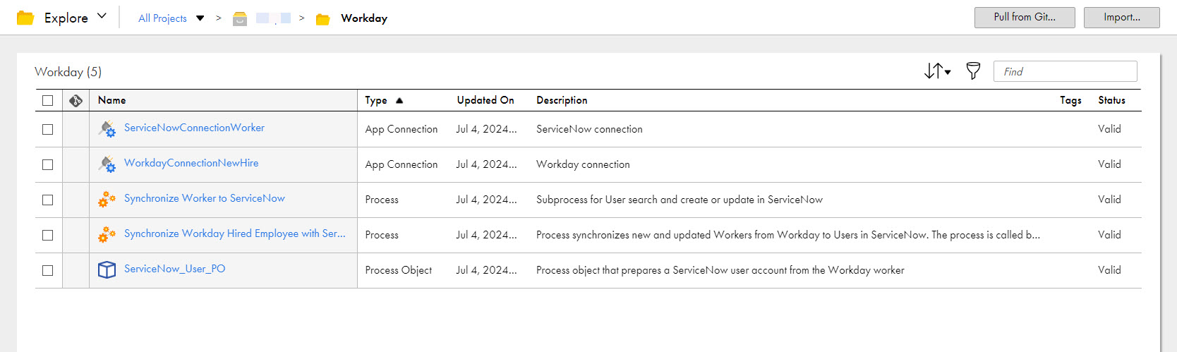 The image shows the assets that the Synchronize Workday Hired Employees with ServiceNow Users recipe package contains.