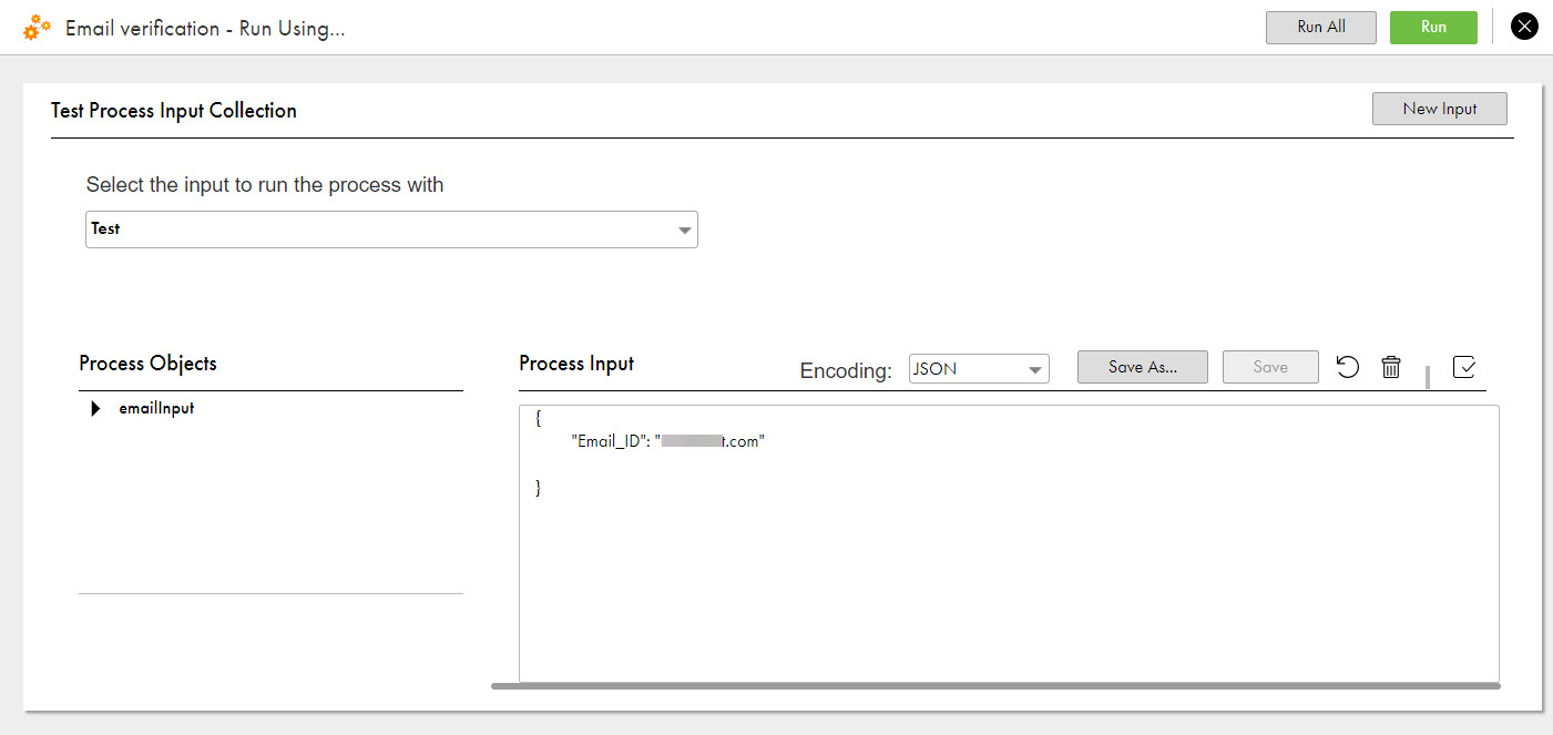 The image shows the Test Process Input Collection page with the input field and value.