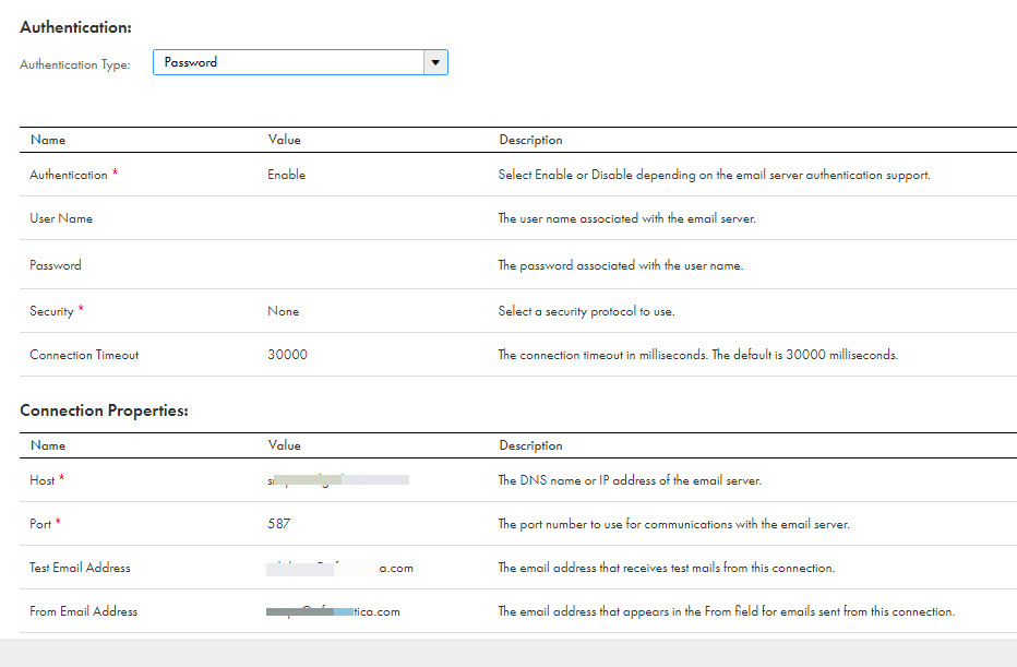 The image shows the EmailConnection connection detail page with the authentication type set to Password.