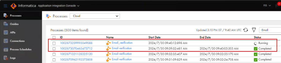 The image shows the status of the process execution in Application Integration Console.