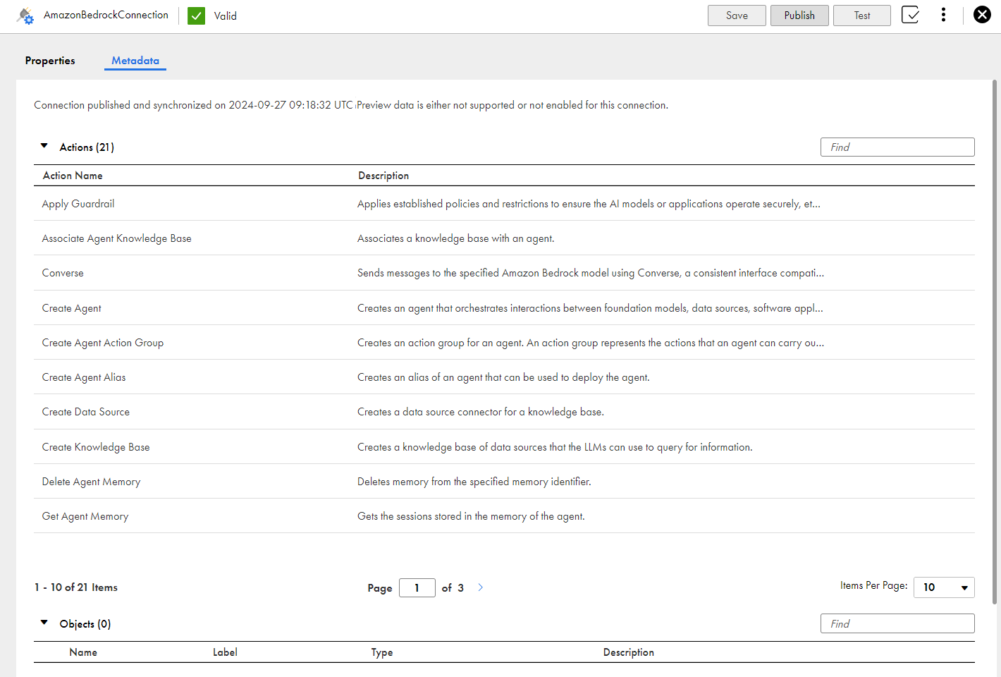 The image shows the Metadata tab for a published Amazon Bedrock connection