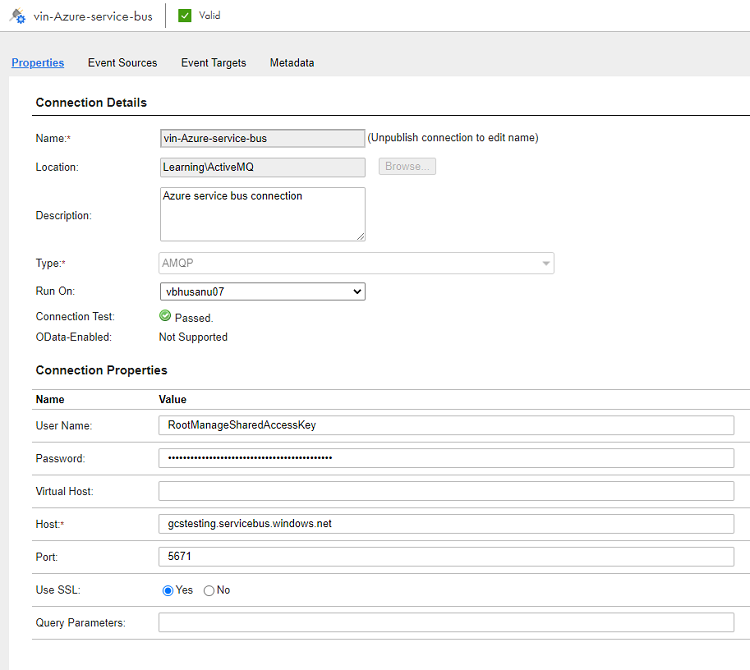 This image shows the sample values that you must enter when you configure the following values in the source properties