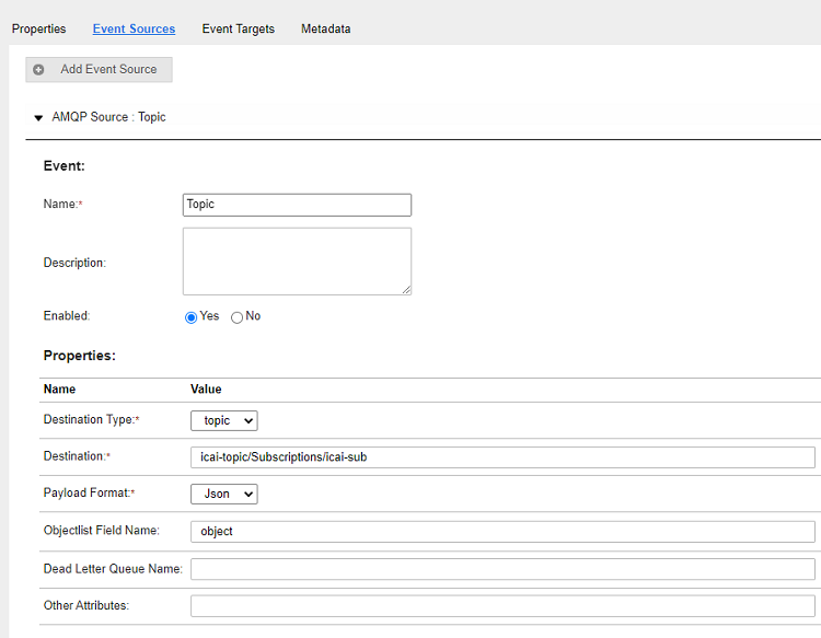 This image shows the sample values that you must enter when you configure the AMQP connection for an event source that acts as a Consumer: