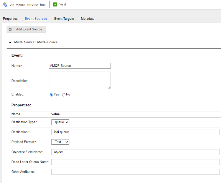 This image shows the sample values that you must enter when you configure the the Azure Bus Service queue
