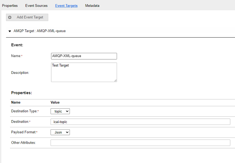This image shows the sample configuration page of an AMQP connection for an event target that acts as a Producer.
