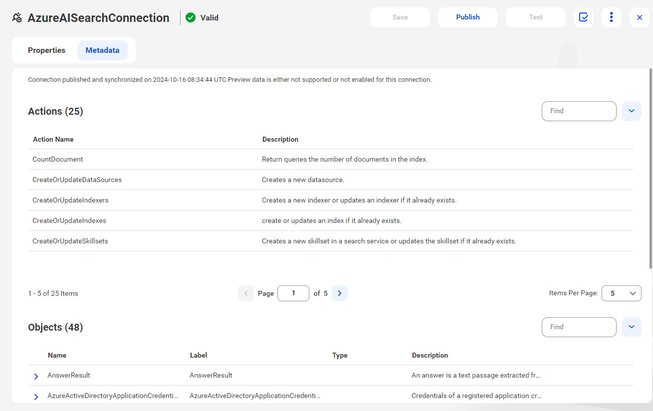 The image shows the Metadata tab for a published Azure AI Search connection.