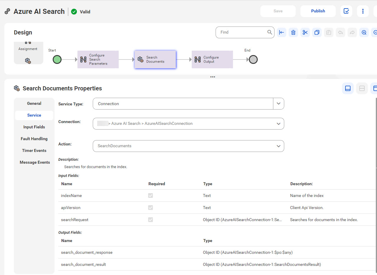 The image shows the SearchDocuments action that is used to search the documents in the index.