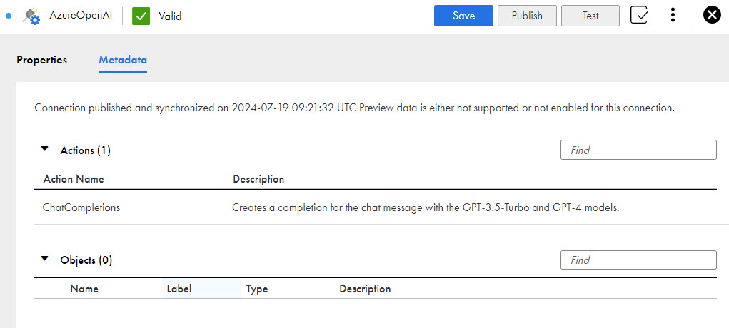 The image shows the Metadata tab for a published Azure OpenAI connection.